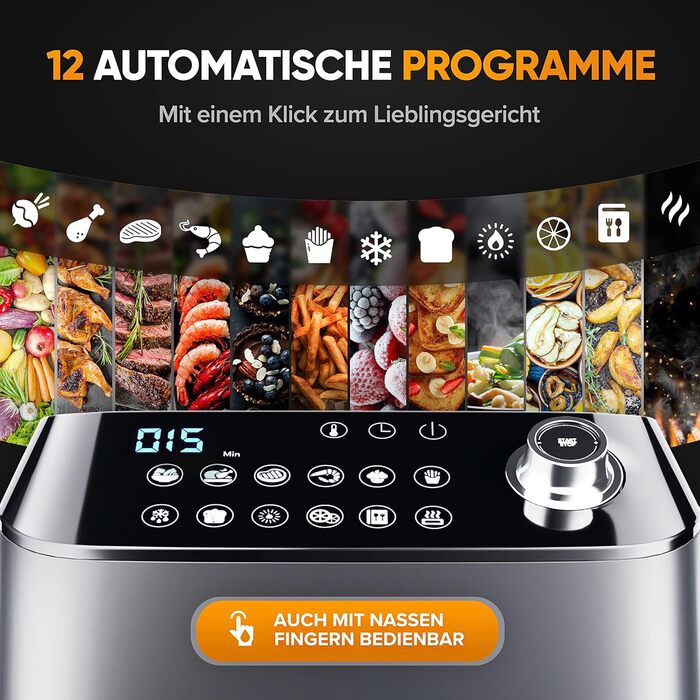 Dripl Hot Air Fryer 5.7L, XXL Fryer with LCD Touchscreen, AirFryer with 12 Programs, Compact Hot Air Fryer with Digital Display, Energy Saving, Preheating & Keep Warm, Oil-Free