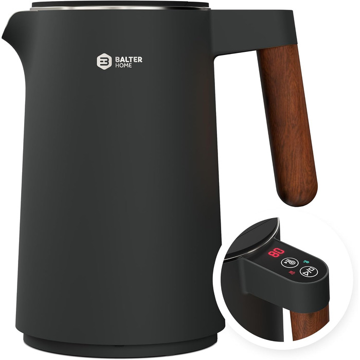 BALTER Stainless Steel Kettle with Temperature Setting, 45°C-100°C, Double-Walled, BPA-Free, Quiet & Cordless, Keep Warm Function, Tea Kettle with Temperature Display, 1.5L, 2200W, Black (Titanium Gray)