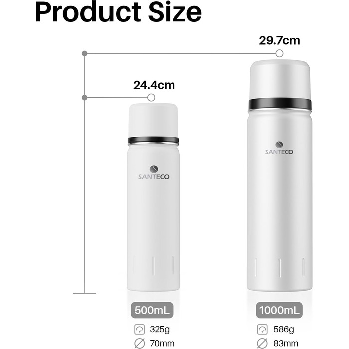 Термос-термокана з нержавіючої сталі SANTECO 1л, 500мл, не протікає, з кришкою-чашкою для подорожей. Термос для кави та чаю для дітей, спорту, без BPA, 24 години холод, 12 годин тепло (білий, 1000 мл)