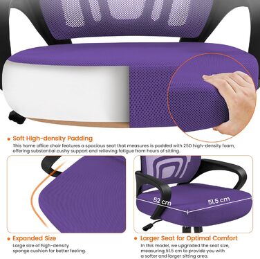 Офісне крісло Yaheetech ергономічне з сітчастою спинкою та підлокітниками, поворотне, для начальника, з функцією гойдання, регульоване по висоті, до 136 кг, фіолетове