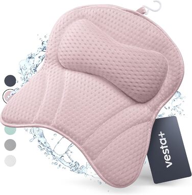 Vesta+ L Bath Pillow with Suction Cups - Test Winner - Neck & Back Support for Bathtub - Non-Slip Bath Cushion for Bathtub & Shower (Pink)