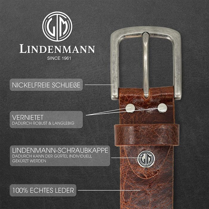 Шкіряний ремінь для чоловіків LINDENMANN з буйволячої шкіри, 40 мм, колір коньячний коричневий, довжина 130 см (розмір XL/XXL)