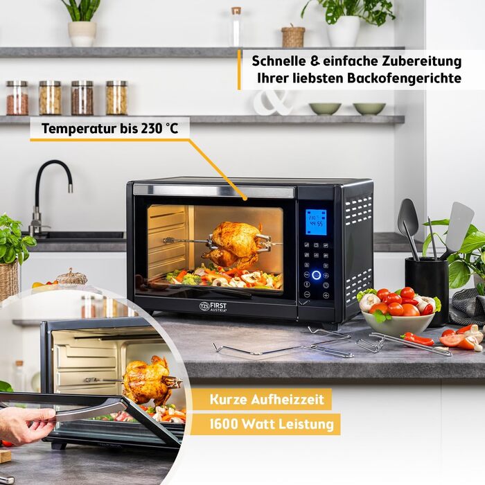 Міні-піч TZS First Austria Digital 30L 1600W з регулюванням температури, таймером та аксесуарами - для кухні та кемпінгу