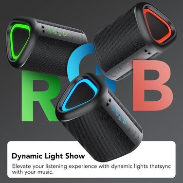 Портативна Bluetooth колонка Aowoka з підсвічуванням, 30 Вт, водонепроникна IPX7, покращений бас, для відпочинку, спорту та подорожей. Чорний коленсовий матеріал
