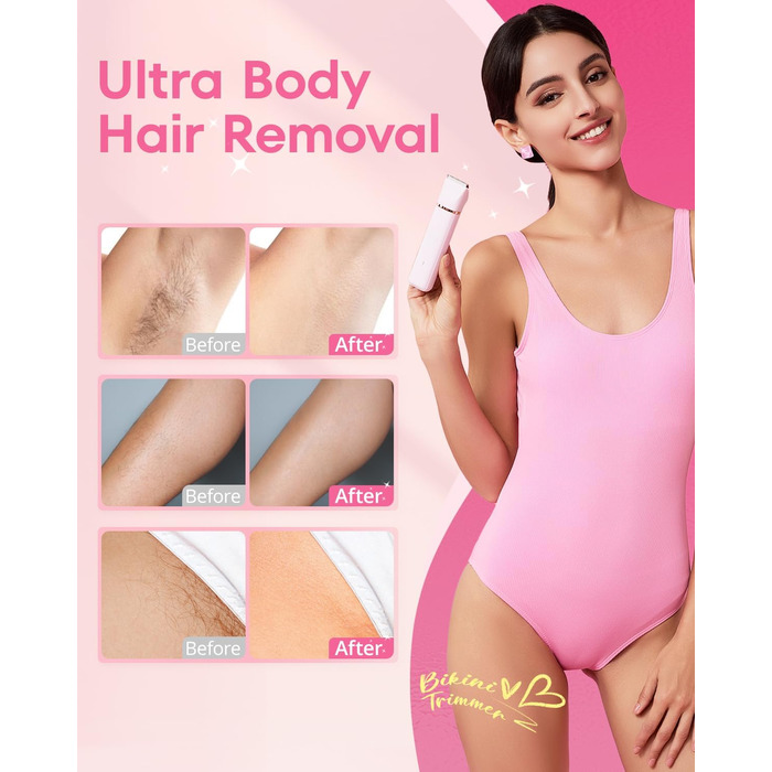 Електричний триммер для бікіні VG VOGCREST: безболісний жіночий депілятор для тіла, для рук, ніг, пахв та інтимної зони (рожевий, рожеве золото)