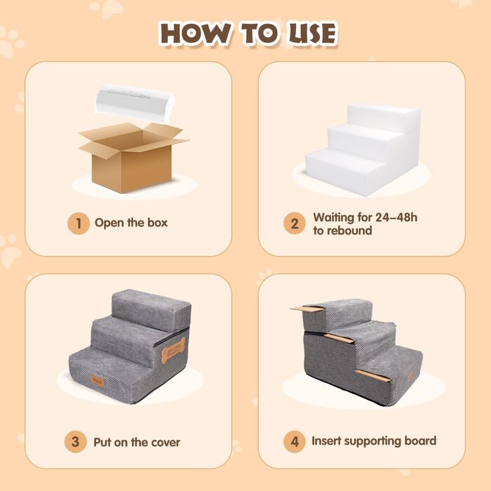 Східці для собак Nobleza: 3 сходинки для маленьких собак, котів, на ліжко, диван. З роликом для шерсті