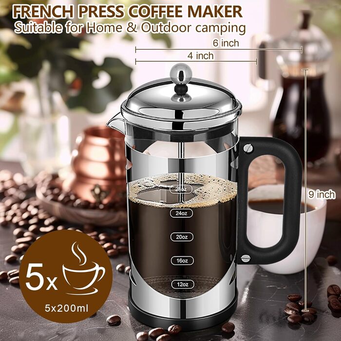 YMMIND 963.9 g French Press Coffee Maker Copper Stainless Steel Coffee Press, with 4-Stage Filtration System, Heat-Resistant Thick Borosilicate Glass, BPA-Free Brewed Coffee Pot for Camping Gifts (Silvery-r)