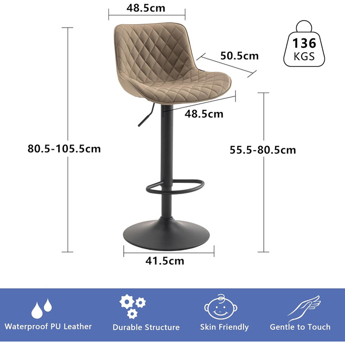 YOUNIKE Adjustable Bar Stools 2-Pack - Modern Kitchen Barstools with PU Leather Upholstery, Swivel Metal Bar Chairs for Counter/Island - Khaki Net Khaki