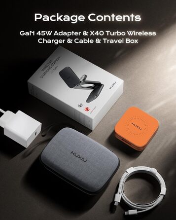 Бездротова зарядна станція KU XIU X40 Turbo Qi2.2 25W 3-в-1 для iPhone 17/16/15/14/13/12, Apple Watch та AirPods, алюмінієва, з адаптером GaN 45W (Космічний Помаранчевий)