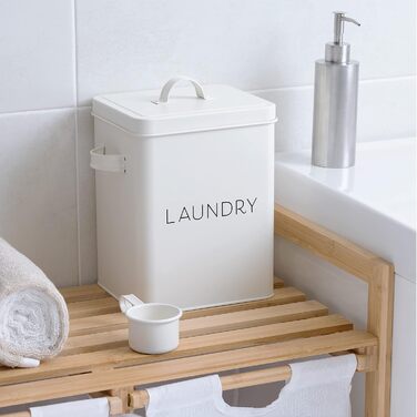 Navaris Laundry Detergent Box with Measuring Spoon - Metal Storage Box for Laundry Detergent - Laundry Dose Lid - Vintage Washing Powder Box Container - white