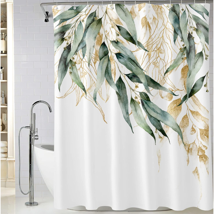 Штора для душу M&W DAS DESIGN з поліестеру, листя зелено-золоті, водонепроникна, з кільцями, 180x200 см