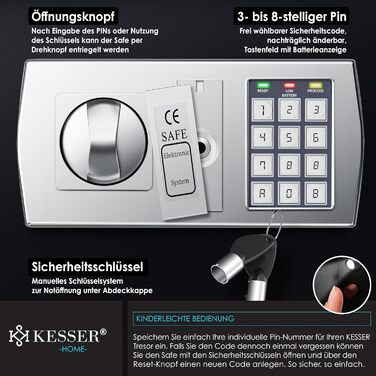 Електронний сейф KESSER® настінний, 31x20x20 см, з подвійним замком, внутрішнім освітленням, чорний (L)