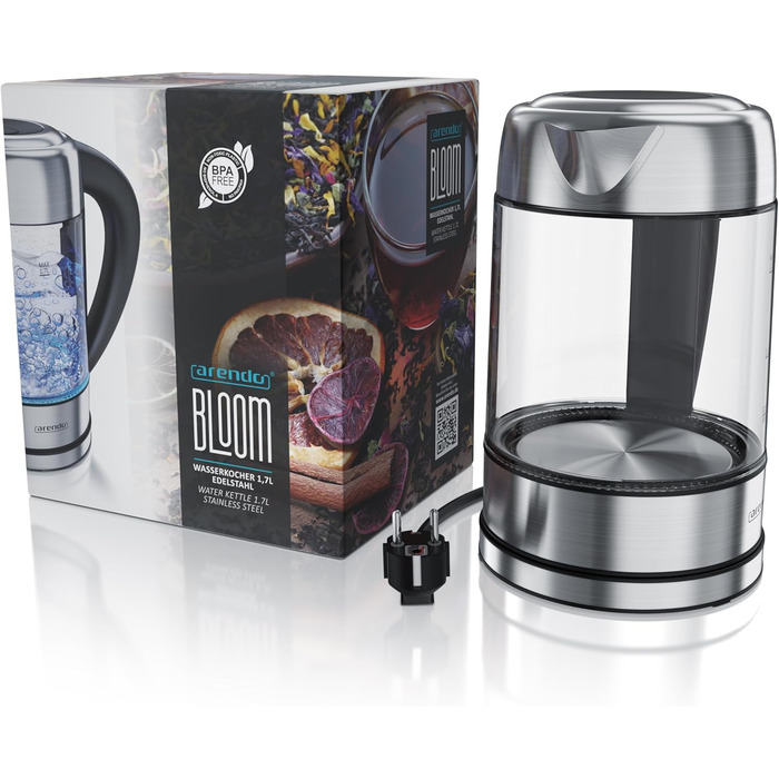 Arendo - Glass Kettle with Temperature Setting – 1.7l - Adjustable Temperatures 40° - 100 °C – Digital Temperature Display - Keep Warm Function – Energy-Saving – BPA-Free - RGB Lighting