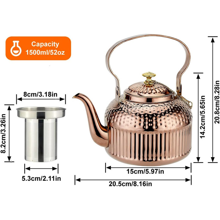 SANQIAHOME® 1.4 Liter Stainless Steel Teapot with Infuser, with Tea Strainer Handle, Induction Compatible - (Copper Color, 1500ml)