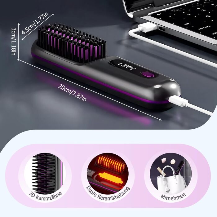 Бездротова щітка-випрямляч для волосся 2-в-1 з функцією завивки, LED дисплеєм та 3 температурними режимами (160°C-200°C), чорна
