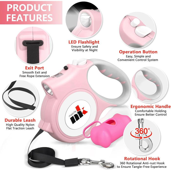 Висувна поводок для собак з LED-підсвіткою, 5 м, з мішками для собачого посліду, для собак маленьких та середніх порід до 25 кг, система гальма та блокування, ергономічна ручка, світло-рожевий колір