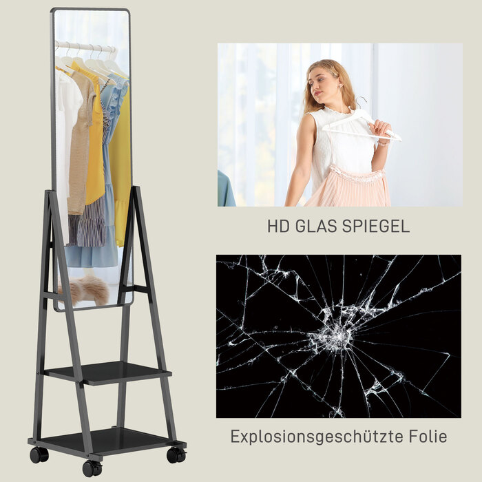 HOMCOM Full Length Mirror, 42 x 155 cm Standing Mirror with Shelf, Standing Mirror with Wheels, Floor Mirror for Bedroom, Living Room, Black | Aosom