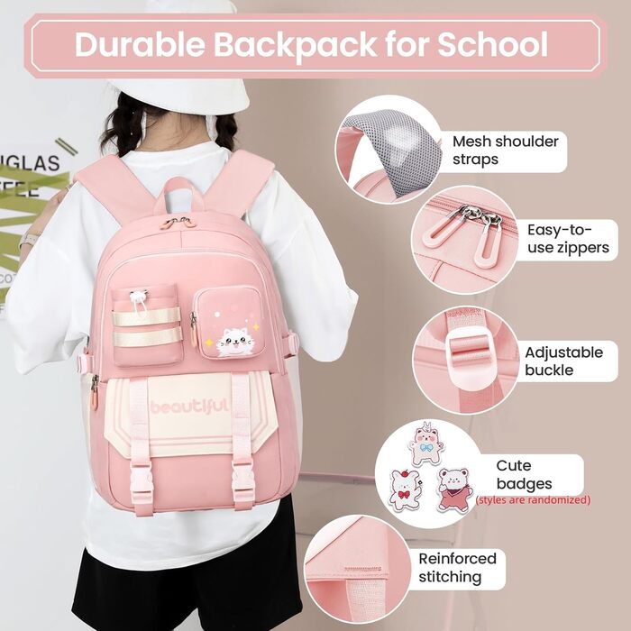 Дитячий рюкзак IvyH для дівчаток – велика місткість, водонепроникний, ідеальний для школи (2-6 клас), рожевий