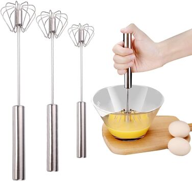 Semi-Automatic Stainless Steel Egg Beater, Semi-Automatic Egg Beater, Semi-Automatic Stainless Steel Egg Beater, Rotating Push Mixer Whisk for Whipping, Beating, Stirring (3PCS)