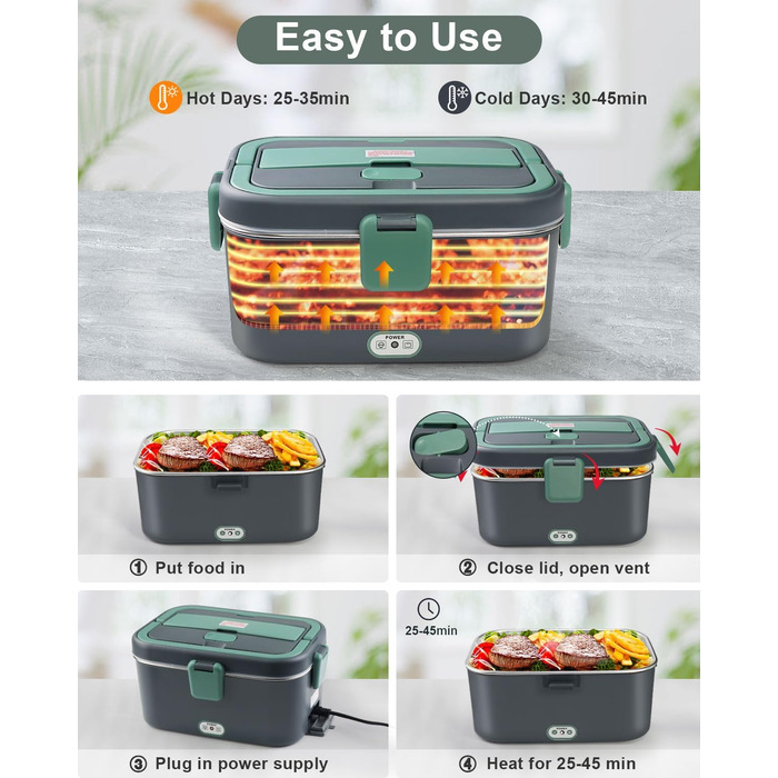 AUTOPkio Electric Lunch Box 1.8L 80W, 12V/24V/220V Large Heated Food Warmer with Bag, Stainless Steel Fork & Spoon for Car, Truck, Office