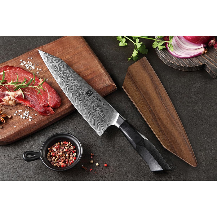 XINZUO ніж кухарський Дамаск 21.5см, Kiritsuke Gyuto, професійний, сталь G10, магнітний чохол, серія Feng