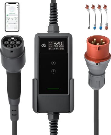 Зарядна станція для електромобілів Dé 11 кВт (3 фази, 6-16A) з регульованою потужністю, кабель CEE 16A - Type 2, сумісна з Model Y/3, ID.3/4/5, MG4, EX30, e-up, e-tron та BEV/PHEV, комплект 7м