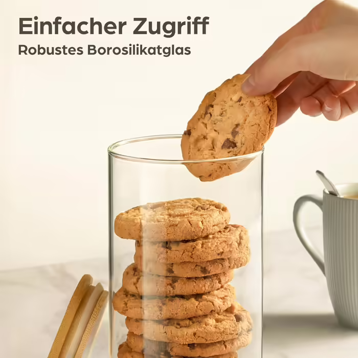 Airtight Storage Jars with Lids - 4-Piece Storage Containers - Borosilicate Glass with Bamboo Lid & 8 Seals - 1.2 L - Storage Jars