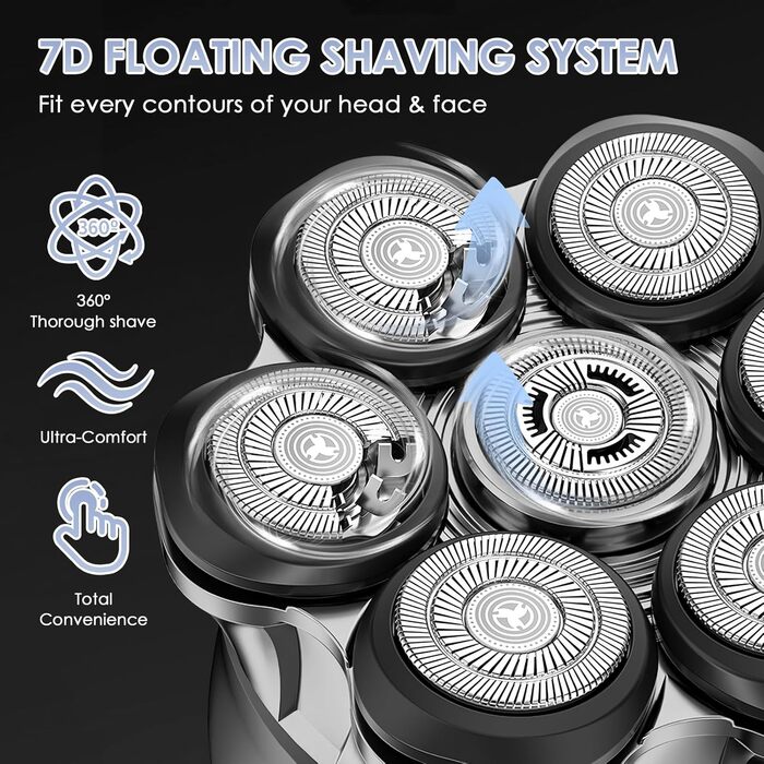 Електрична бритва чоловіча 7D Glatzen з плаваючою головкою, LED-дисплеєм, 2 режимами, Type-C зарядка, срібляста
