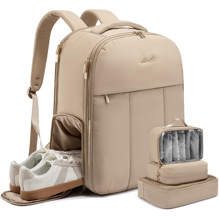 Рюкзак LOVEVOOK для жінок, 40L, ручна поклажа, для подорожей, з відділенням для взуття та ноутбука 17 дюймів, водонепроникний, для бізнес-поїздок та відпочинку, бежевий