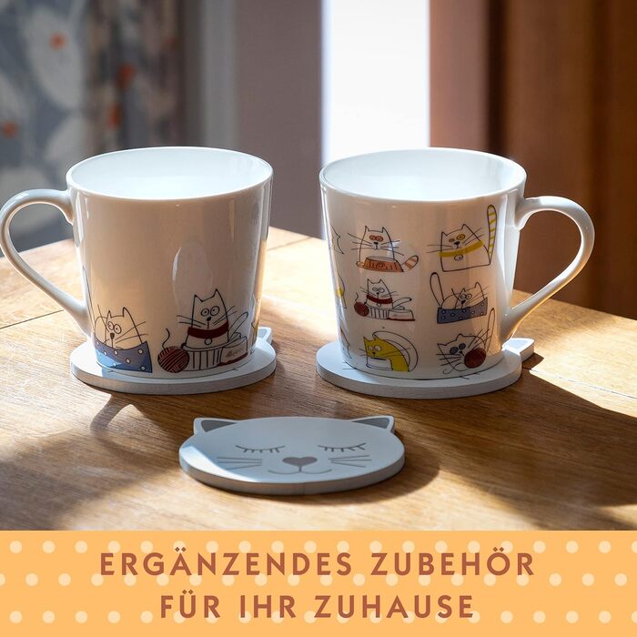 Spotted Dog Gift Company Coffee Mug with Cat Design, Ceramic Mug Set, Cute Coffee Mugs, Cat Kitchen Accessories, Gifts for Cat Lovers, Cat Mom, 4 x 380ml
