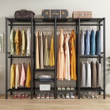 KZOBYD Clothes Rack, Coat Rack with 6 Height-Adjustable Shelves, Clothes Rail with 4 Hanging Compartments, Plenty of Space, for Bedroom, Living Room (Black)