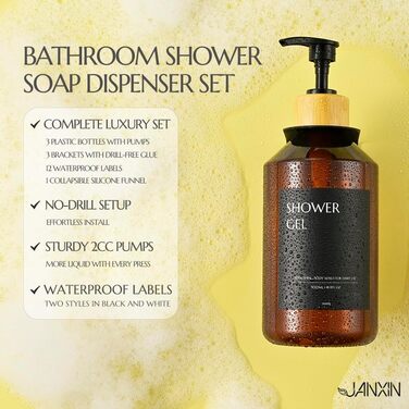 Набір з 3 дозатори мила для стін, 500 мл, флакони для шампуню та гелю для душу, чорний дозатор мила без свердління для кухні та ванної кімнати (коричневий флакон + чорний бамбуковий диспенсер)