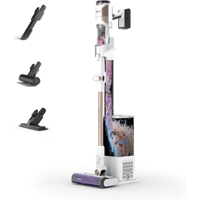 Shark акумуляторний пилосос Clean & Empty з авто-збірником пилу, до 40 хв роботи, бездротовий, самостійно очищається, для шерсті тварин, килимів та твердих поверхонь, з LED-підсвічуванням, тихий, білий/блакитний, BU3521EU