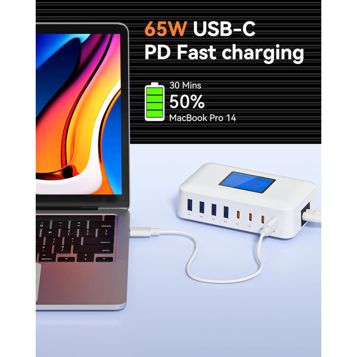 Зарядний пристрій USB-C 200W, 8 портів, LCD-дисплей, PD 65W для MacBook, iPad, iPhone 16/15/14/13 Pro/Max, Samsung S24/S23 - Чорний