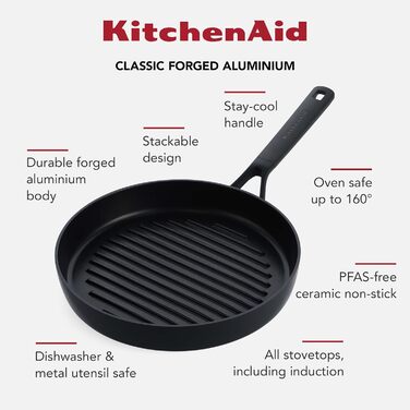 Млинцева сковорода KitchenAid Classic 24 см, анодований алюміній, без PFAS, керамічне антипригарне покриття, для індукції, духовки та посудомийки, чорна