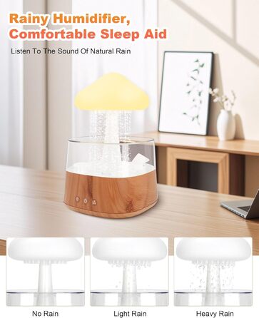 Увлажнитель воздуха 'Rain Cloud', 450 мл, с 3 режимами, 7 цветами, LED-подсветкой, аромадиффузор, нано-туман, лампа 'Гриб-дощ' для дитячої кімнати, спальні, дому, офісу (білий) (дерев'яний масив)