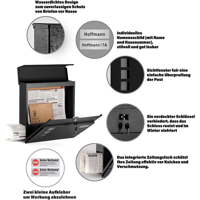 Поштовий ящик Zedelmaier з нержавіючої сталі, персоналізований, настінний, з відділенням для преси, 2 ключі, антрацит, 33x31x10 см