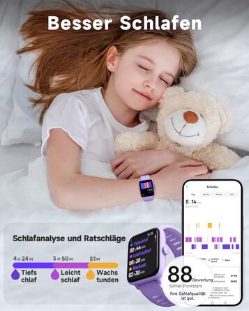 Смарт-годинник BIGGERFIVE для дітей, фітнес-трекер з пульсометром, крокомером, монітором сну, будильником та іграми, 1.5' HD-сенсорний екран, водонепроникність 5ATM, для дівчаток 3-14 років, колір: фіолетовий