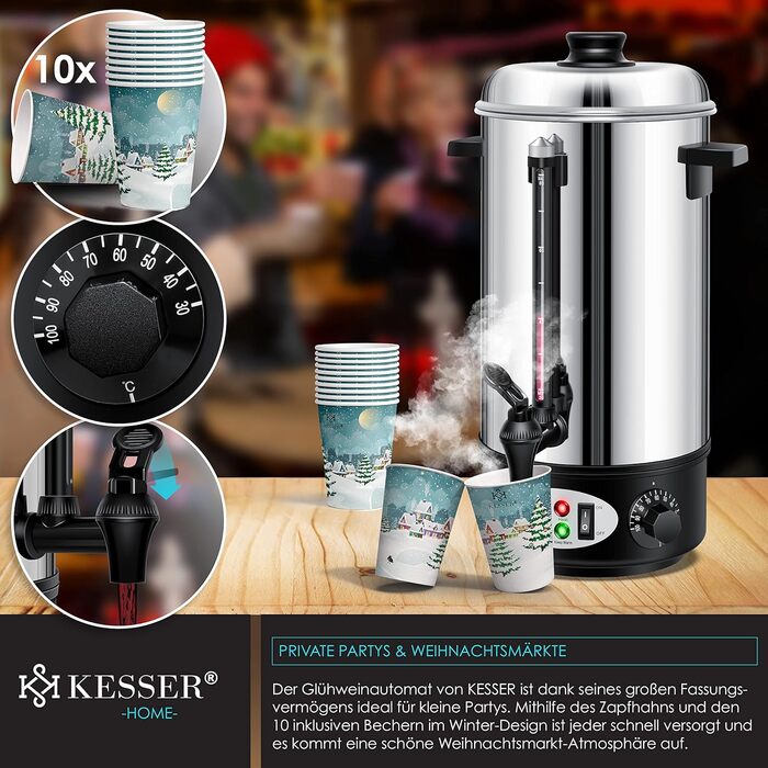 KESSER® Mulled Wine Boiler 8L Stainless Steel Incl. 10x Cups Mulled Wine Cooker with Thermostat Mulled Wine Dispenser Hot Beverage Dispenser Water Boiler Hot Water Dispenser Canning Machine Level Indicator Tap Black (20 Liter / Silver)
