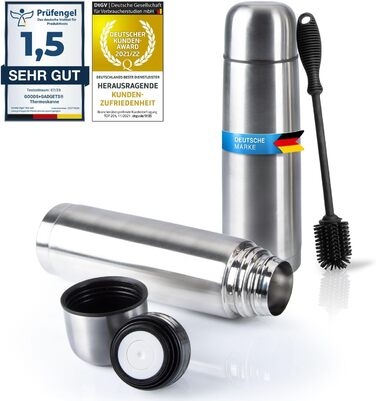 Термос із нержавіючої сталі з чашкою та щіткою; термос-каністра з подвійними стінками, ізольована, не протікає, придатна для миття в посудомийній машині, без BPA + щітка для чищення; зберігає напої гарячими та холодними (сріблястий - 1000 мл)