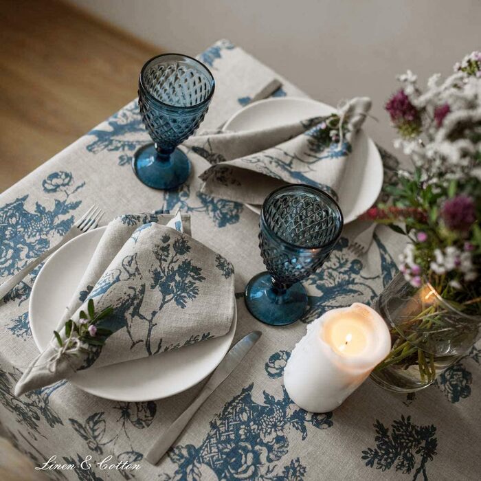 Linen & Cotton High-Quality Vintage 4 x Fabric Napkins Napkins Linen Napkins Flores with Floral Pattern - 100% Linen, Beige Blue (43 x 43 cm) for Home Kitchen Dining Room Decoration
