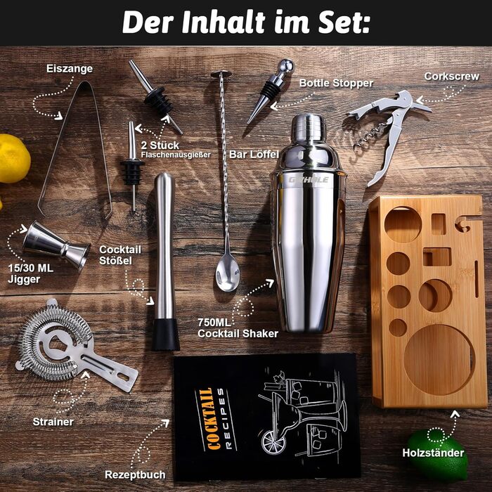 Набір для приготування коктейлів GWHOLE: шейкер, барний аксесуар, рецепти, стійка. Ідеальний подарунок для дому та вечірок