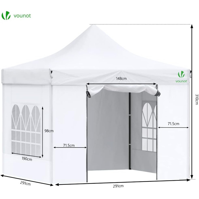 VOUNOT Gazebo 3x3m Waterproof, Stable, Winter-Proof, Pop-Up Folding Gazebo with 4 Side Walls and 4 Sandbags, Party Gazebo, Folding Garden Tent, Party Tent, White
