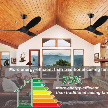 Чорний стельовий вентилятор з дерева (132 см) з пультом керування, тихий, для вологого приміщення