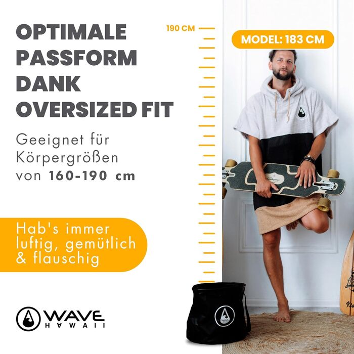 WAVE HAWAII Bathrobe Poncho Women & Men | Size M 160-190cm | 95% Cotton Surf Poncho for Adults | Terrycloth Poncho Towel High Water Absorption | Changing Aid Beach Adults