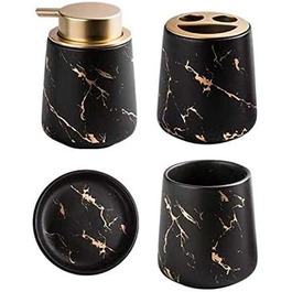 Набір для ванної кімнати з 4 предметів, кераміка, набір аксесуарів для ванної кімнати, імітація мармуру, себорегулятор, стаканчик для зубної пасти, тримач для зубних щіток, мильниця (Темно-зелений) (Чорний)