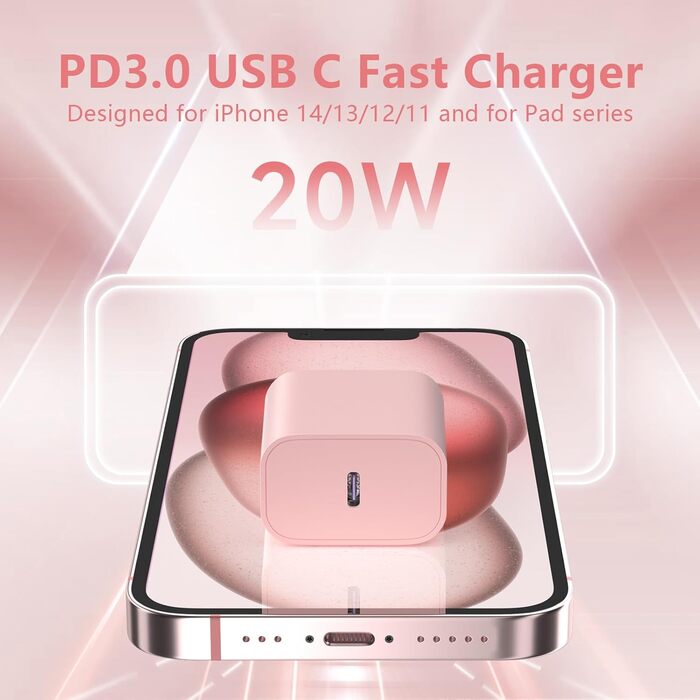 Зарядний пристрій 20W USB-C з кабелем Lightning для iPhone 14/13/12/11/X/XR/XS/Mini/SE - 2 шт. (Синій + Рожевий)