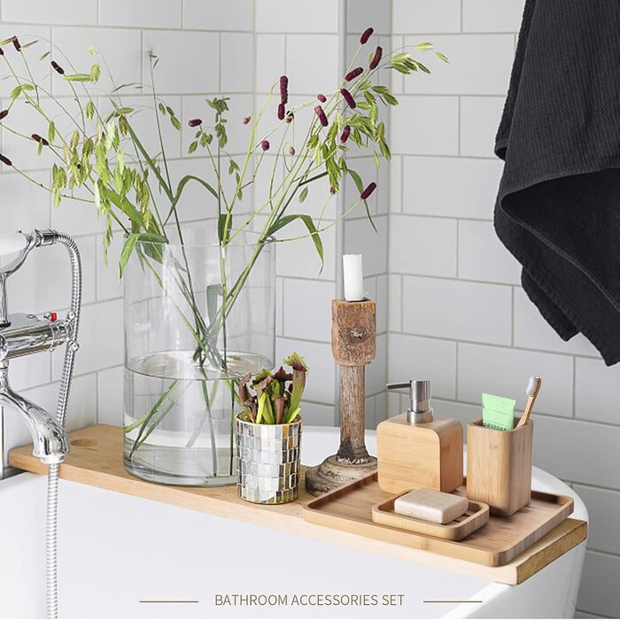 Набір аксесуарів для ванної кімнати Asashizen з бамбука (4 шт.), органайзер, мильниця, дозатор мила, стаканчики
