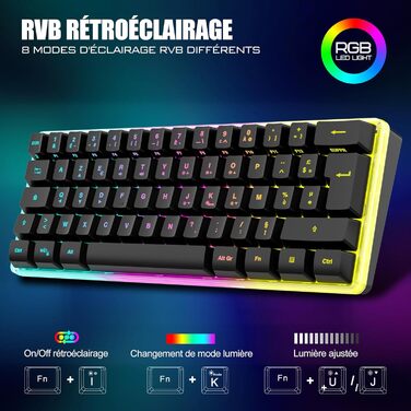 Бездротова ігрова клавіатура та миша RedThunder K62 60% RGB, AZERTY, 62 клавіші, Mini, для PC/PS5, чорний