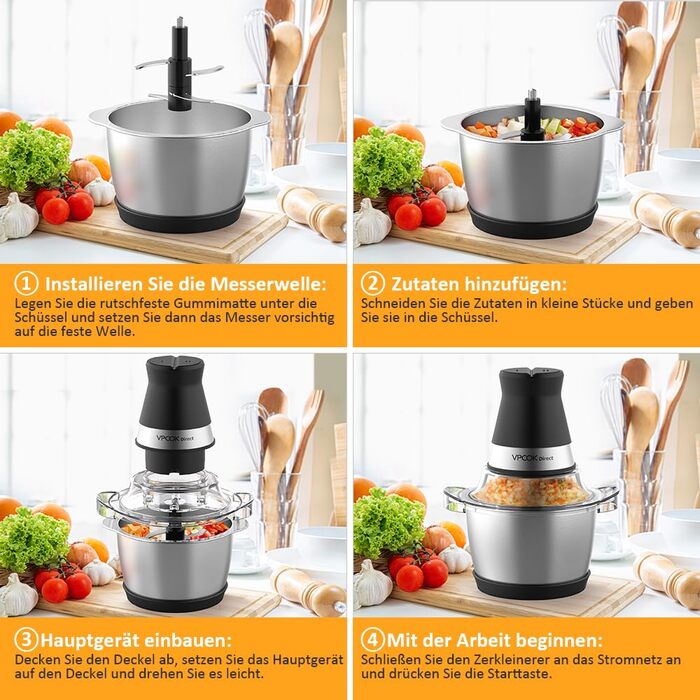 Електричний подрібнювач для кухні з нержавіючою сталею 1.2L, 400W, 4 леза